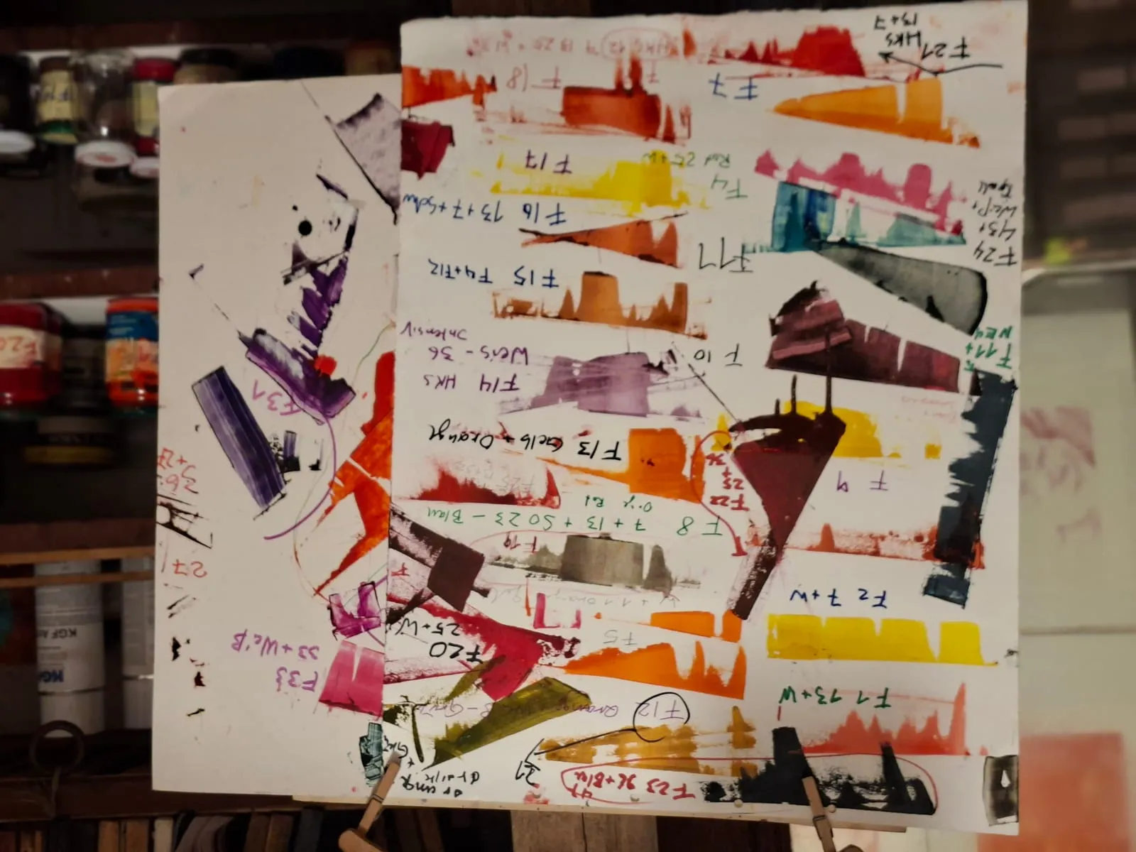 Andruckblatt mit Dutzenden Farbproben und handschriftlichen Rezepten
